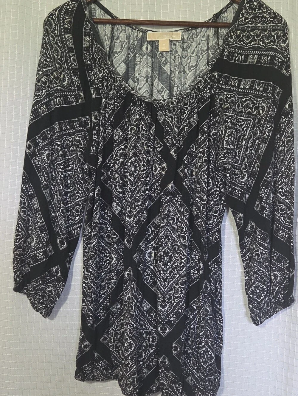 MICHAEL Michael Kors Black/White Print 3/4 Sleeve Pullover Shirt Top Size M